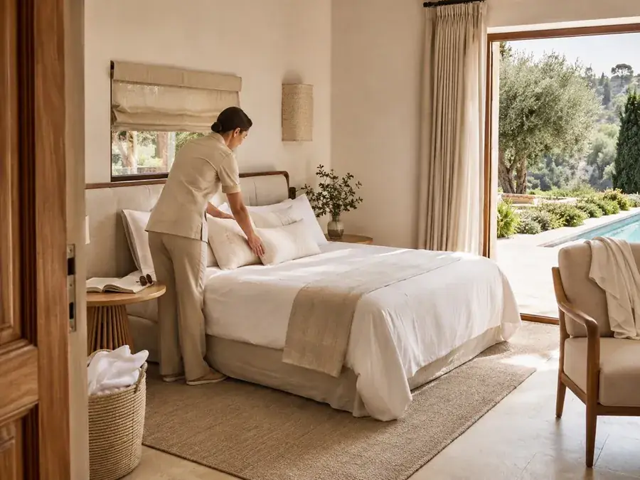 Une chambre refaite, ouverte sur la piscine