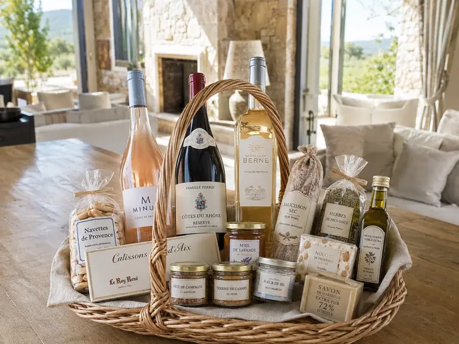 Un panier garni de vins, terrines et douceurs de Provence