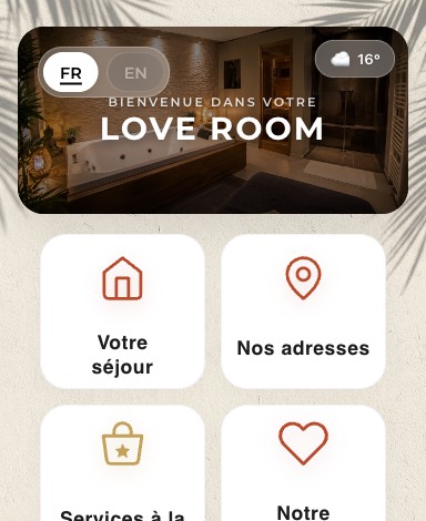 Livret d'accueil numérique ByOhana d'une love room : couverture personnalisée et rubriques du guide