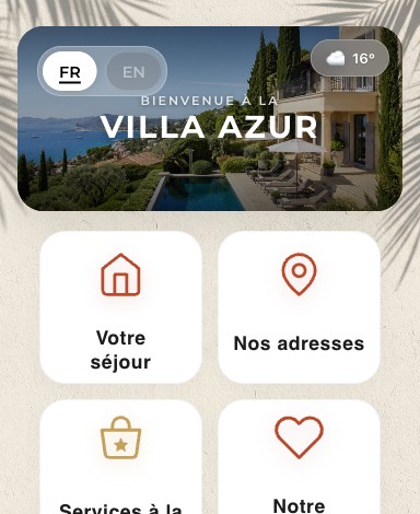Livret d'accueil numérique ByOhana d'une villa : photo du lieu en couverture et rubriques du guide