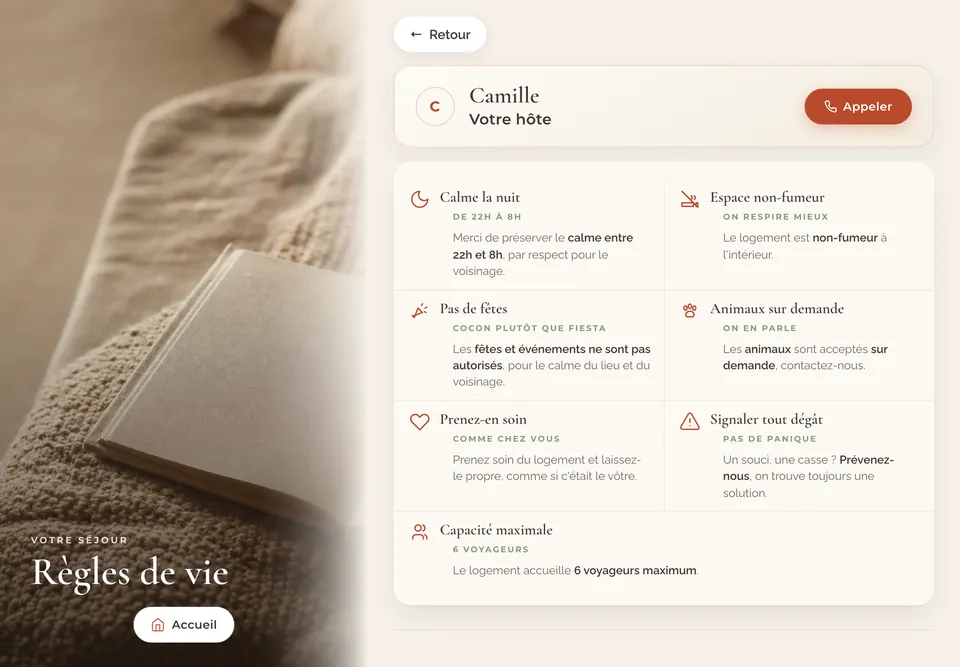 Rubrique Règles de vie du guide : calme la nuit, espace non-fumeur, capacité maximale