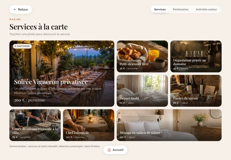 Rubrique Services à la carte du guide : petit-déjeuner livré, départ tardif, panier du terroir, chef à domicile