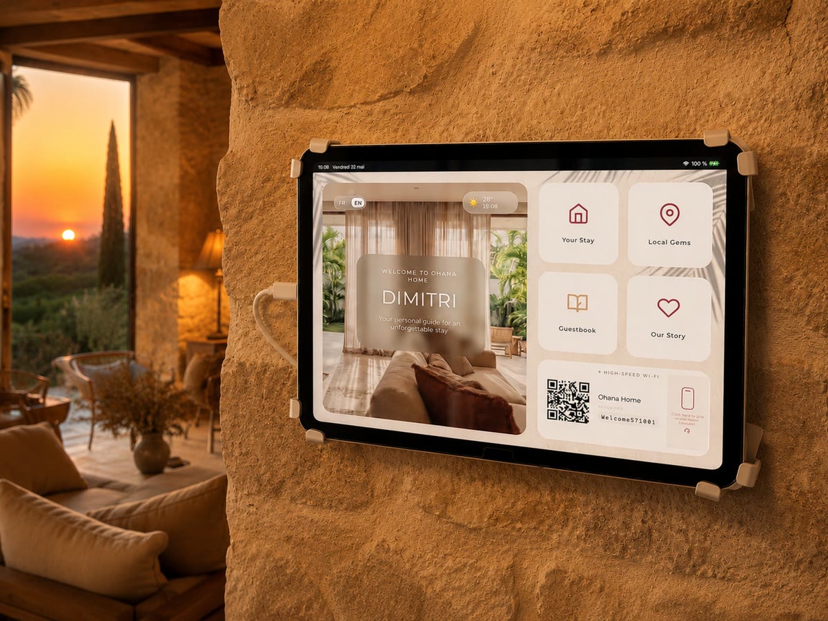 Le guide d'accueil numérique ByOhana sur tablette, monté sur un mur de pierre dans un lieu de caractère face au coucher de soleil