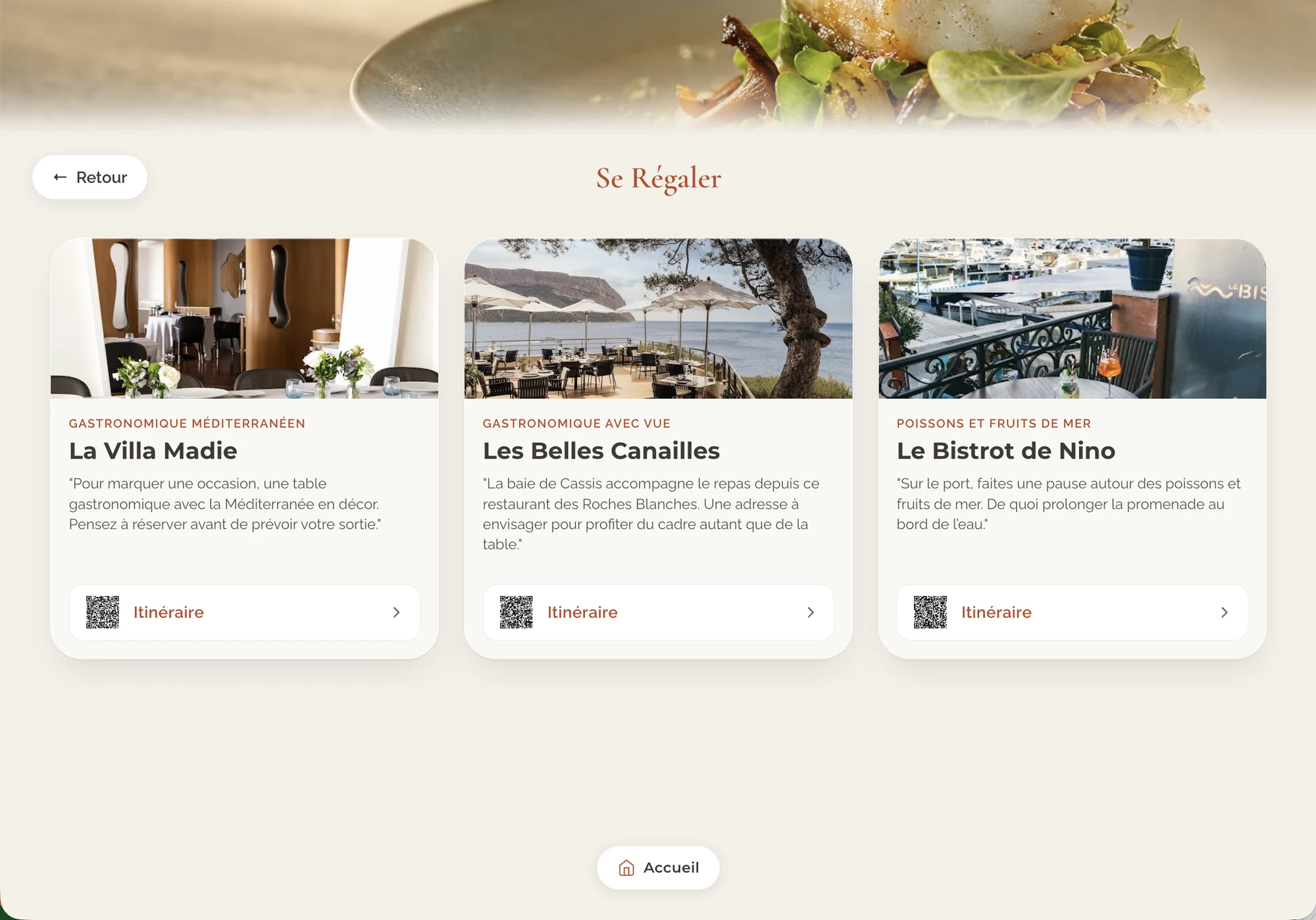 Rubrique des bonnes adresses d’un guide ByOhana, avec restaurants et itinéraires