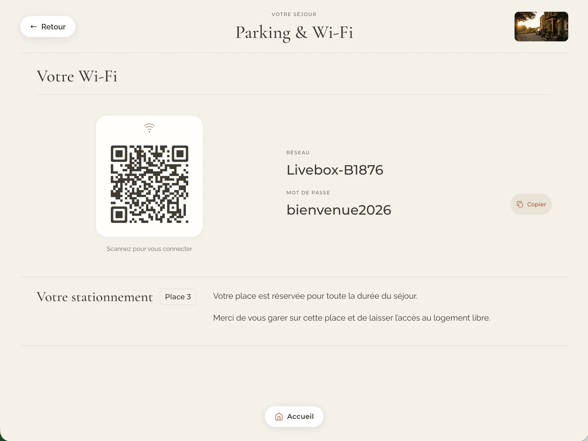 Rubrique Parking et Wi-Fi d’un guide ByOhana, avec le réseau et le mot de passe