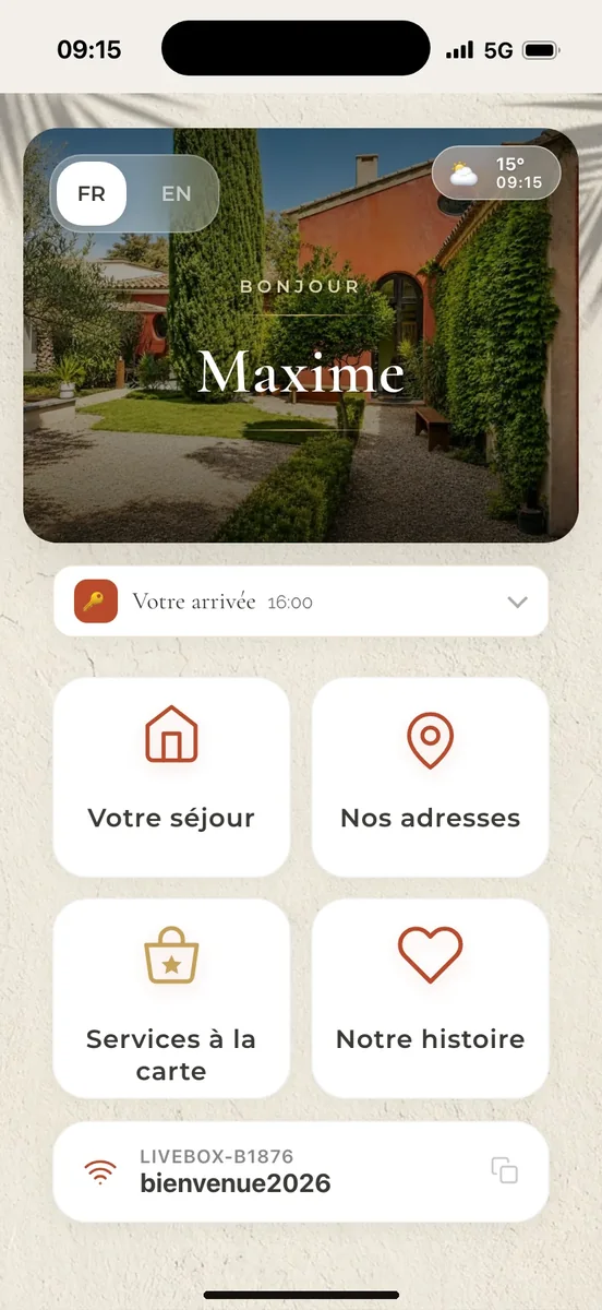 Accueil d’un guide ByOhana sur téléphone, avec la tuile Services à la carte