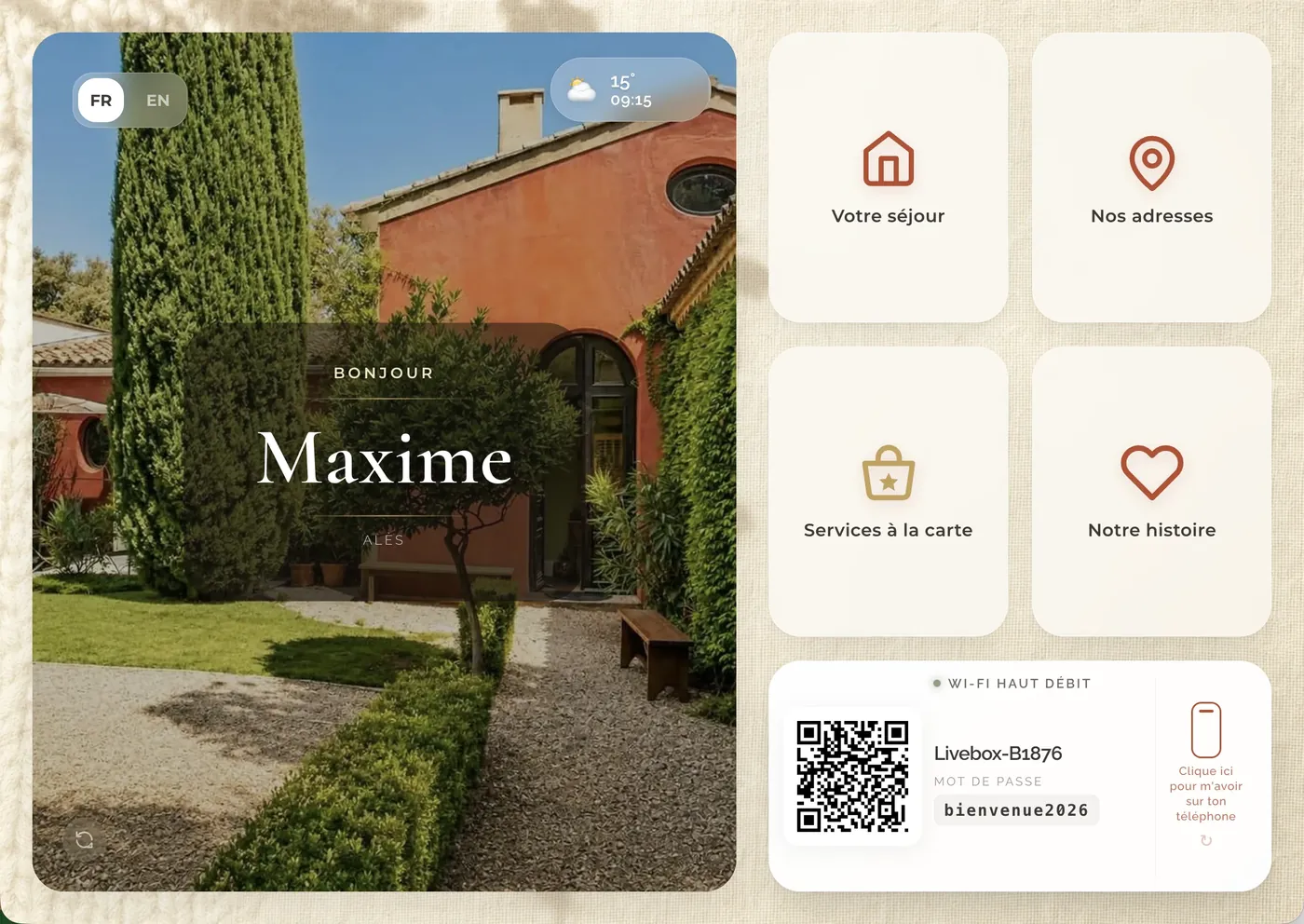 Écran d’accueil d’un guide ByOhana sur tablette, avec photo du lieu, nom du voyageur, rubriques et Wi-Fi