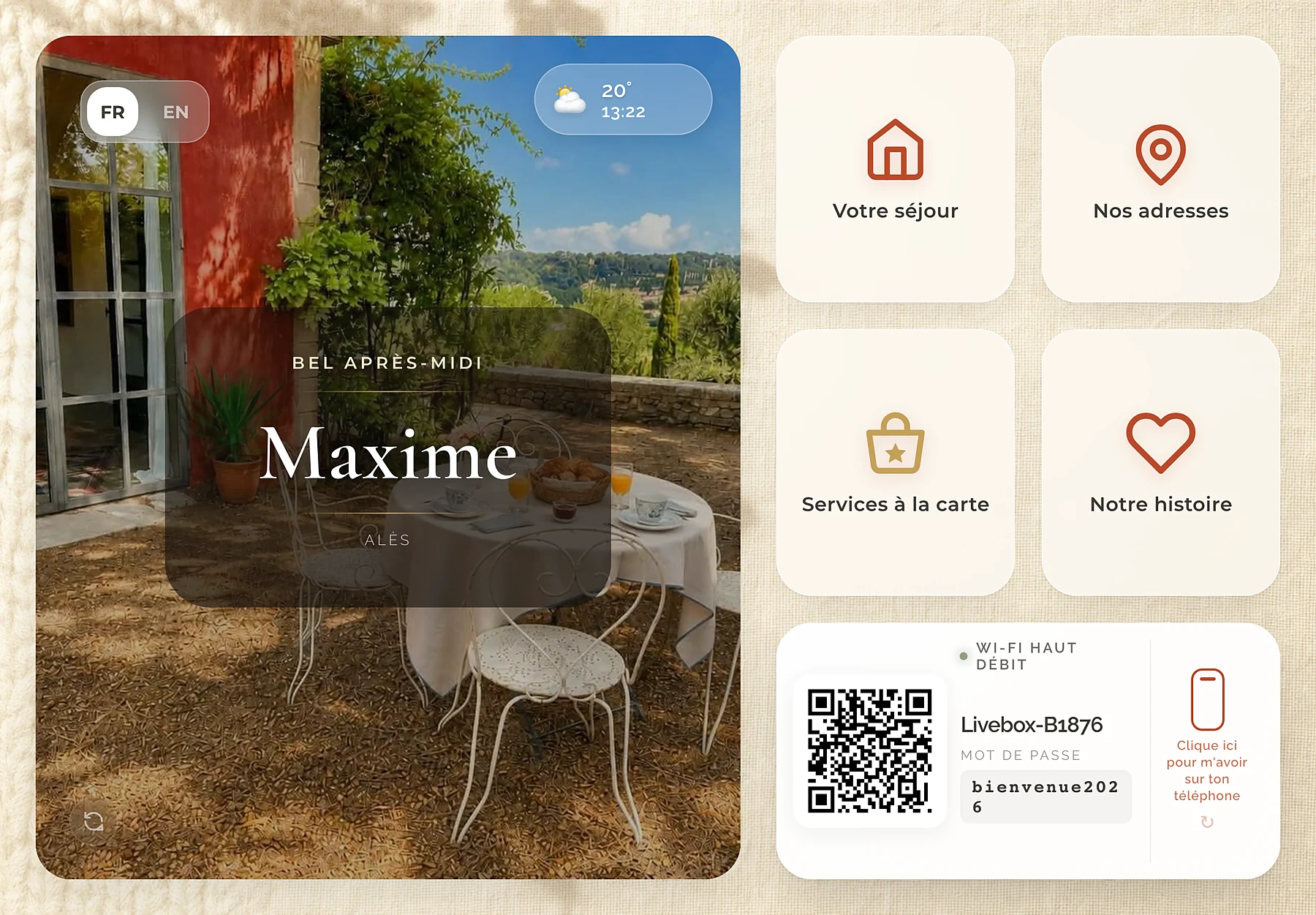 Écran d’accueil d’un guide ByOhana sur tablette, avec la tuile Services à la carte