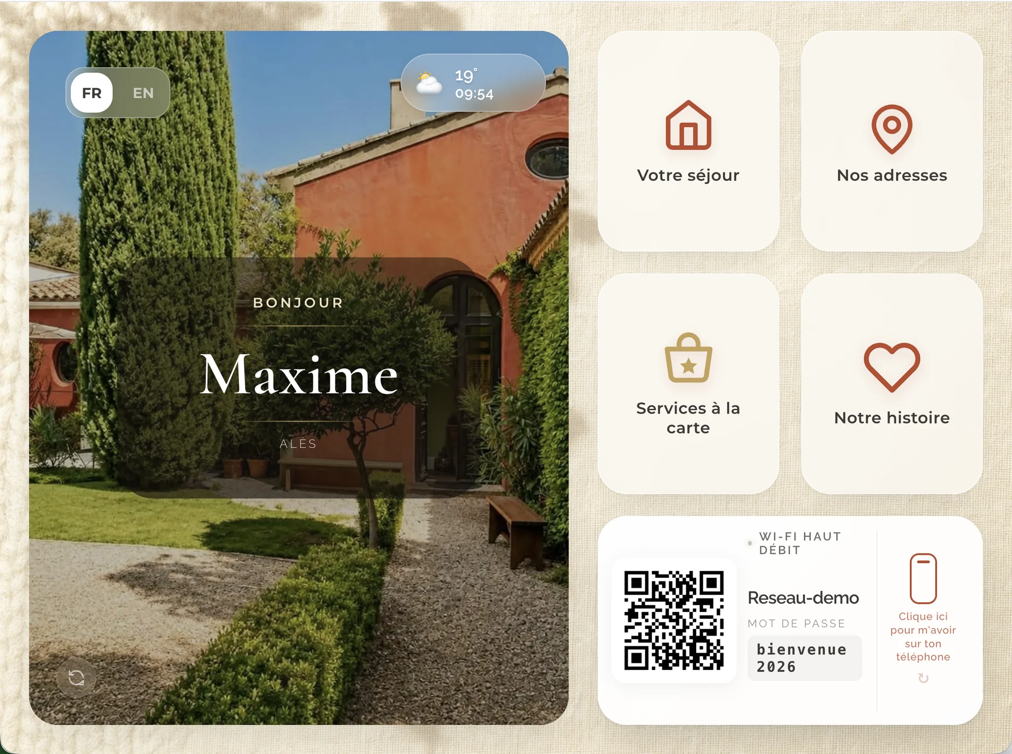 Interface du guide ByOhana sur tablette : Wi-Fi, équipements, bonnes adresses, services et départ