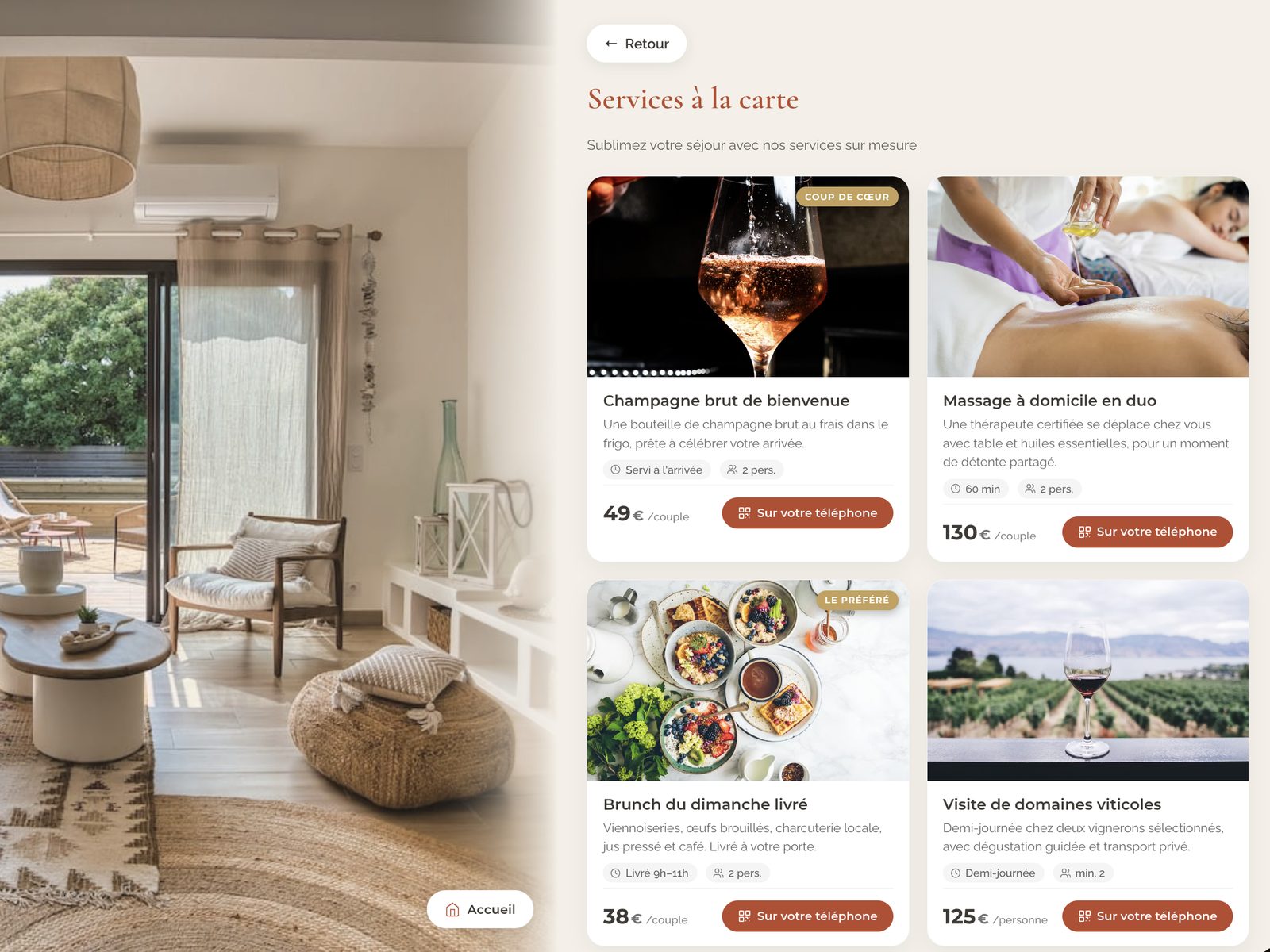 L'ecran « Services a la carte » d'un guide ByOhana : champagne de bienvenue 49 €, massage a domicile 130 €, brunch livre 38 €, visite de domaines viticoles 125 €